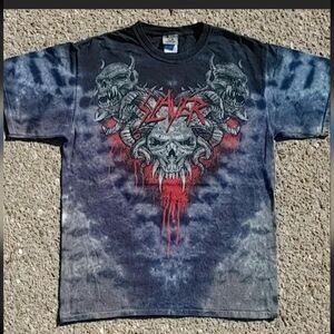 Vtg 2010 Slayer 3 Skulls Tie Dye Liquid Blue T-Shirt Large Metal Band Tee